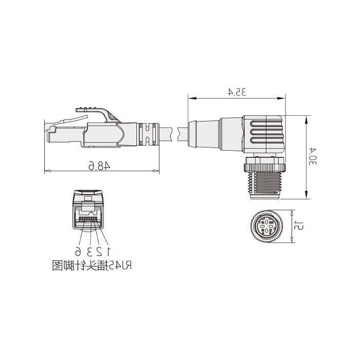 M12 4Pin D-coded male 90° turn RJ45 Male straight, double-ended precast PUR flexible cable, shielded, green sheath, 0C4591-XXX